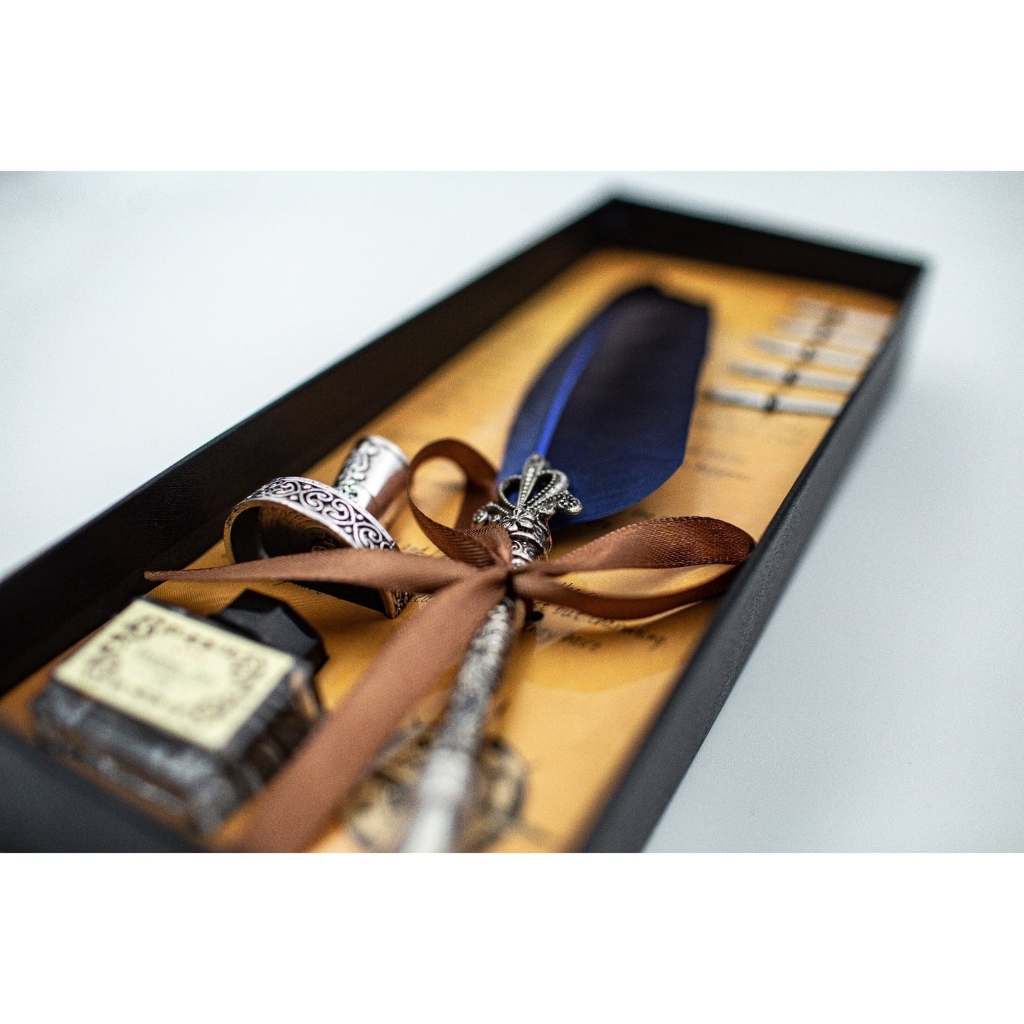 Set pix vintage pană albastră, 5 vârfuri, sticlă cerneală, suport elegant