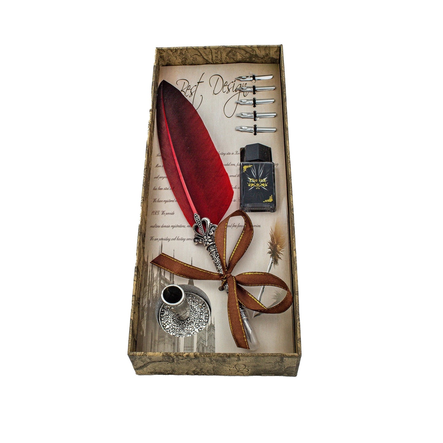 Set pix vintage pană roșie, 5 vârfuri, sticlă cerneală, suport elegant