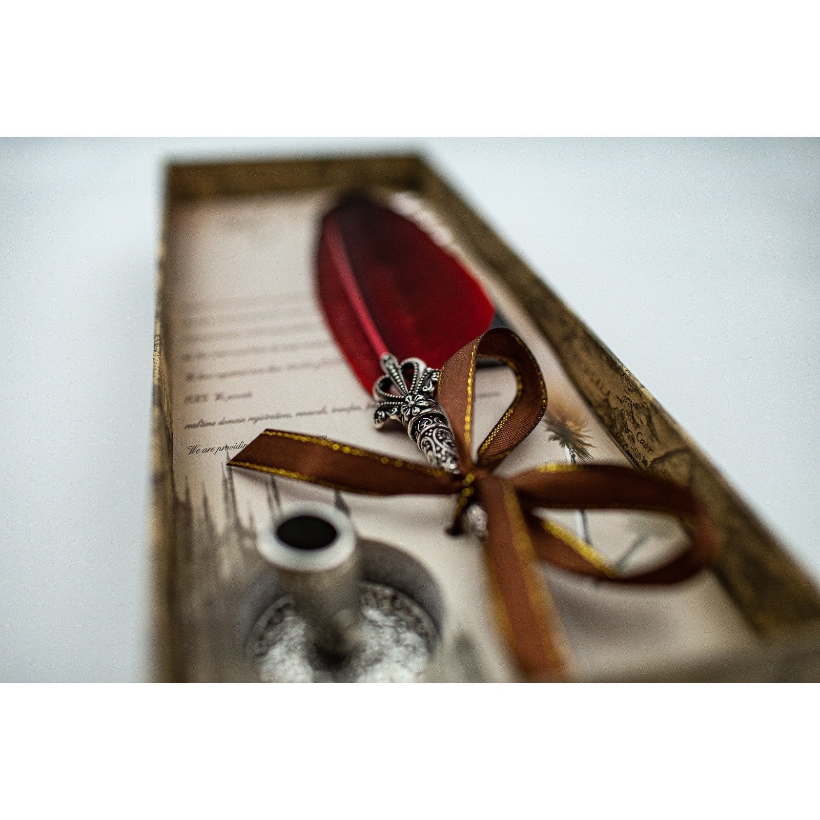 Set pix vintage pană roșie, 5 vârfuri, sticlă cerneală, suport elegant