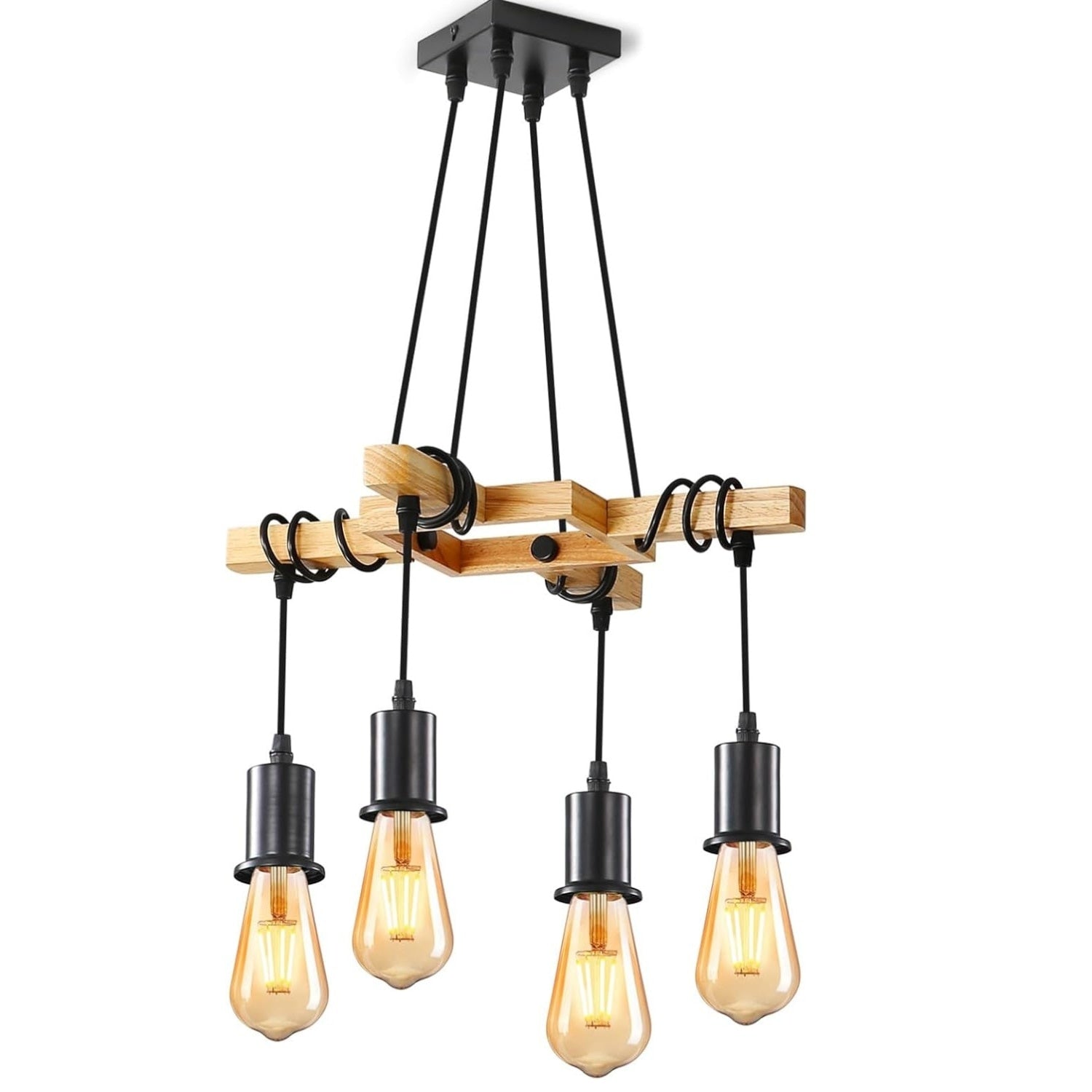 Suspensie vintage lemn natural și metal negru mat, 4 brațe ajustabile, 115x41,5 cm