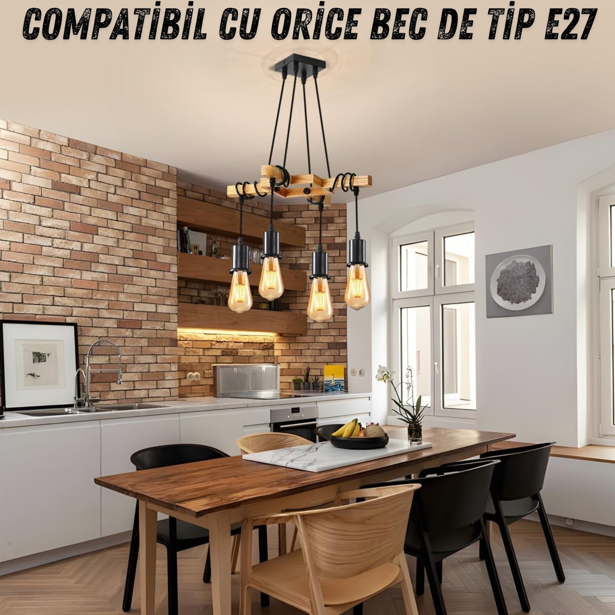 Suspensie vintage lemn natural și metal negru mat, 4 brațe ajustabile, 115x41,5 cm
