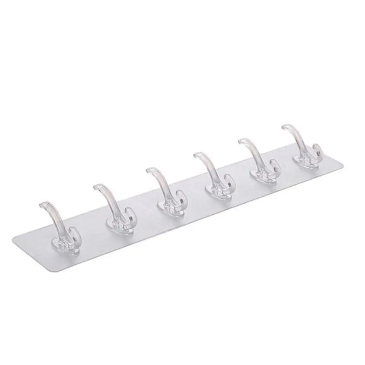 Cuier de perete cu 6 cârlige duble, adeziv transparent, plastic