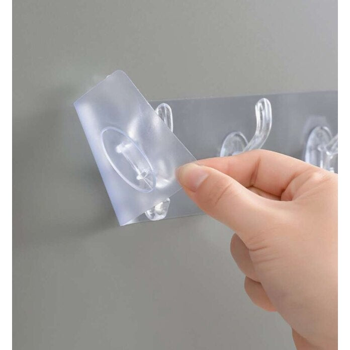 Cuier de perete cu 6 cârlige duble, adeziv transparent, plastic