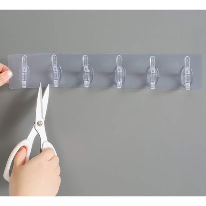 Cuier de perete cu 6 cârlige duble, adeziv transparent, plastic