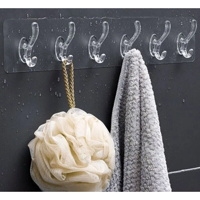 Cuier de perete cu 6 cârlige duble, adeziv transparent, plastic