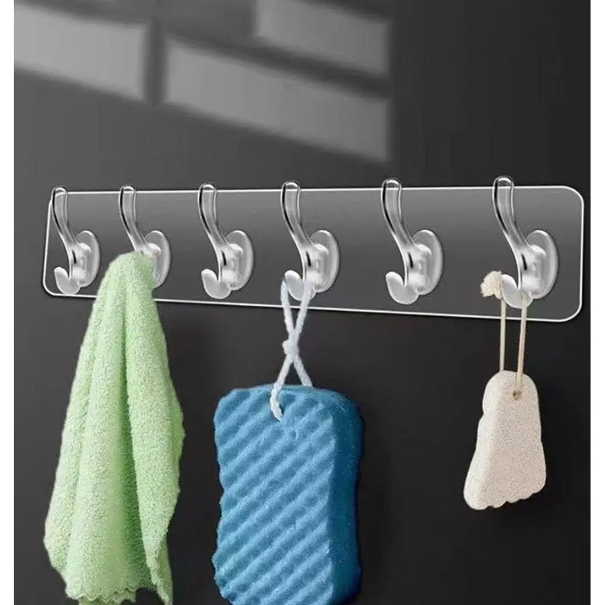 Cuier de perete cu 6 cârlige duble, adeziv transparent, plastic