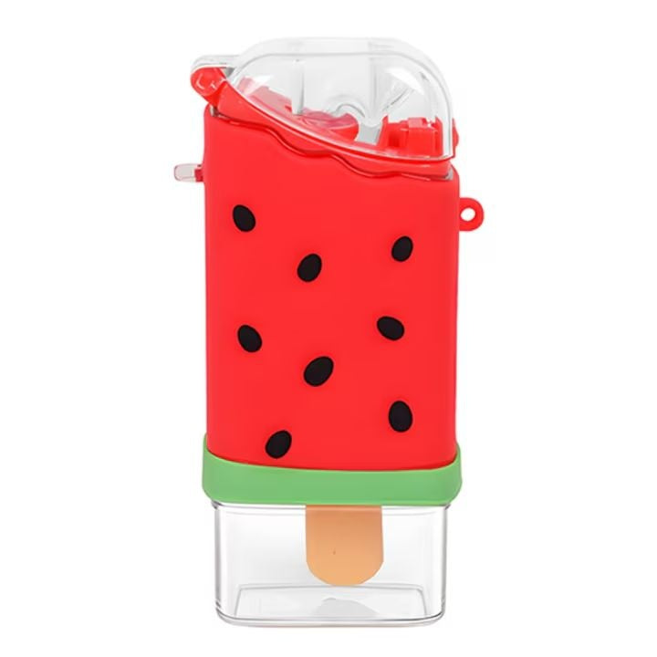 Sticlă de apă pentru copii, formă înghețată pepene, 300 ml, fără BPA, pai integrat, capac etanș, roșie
