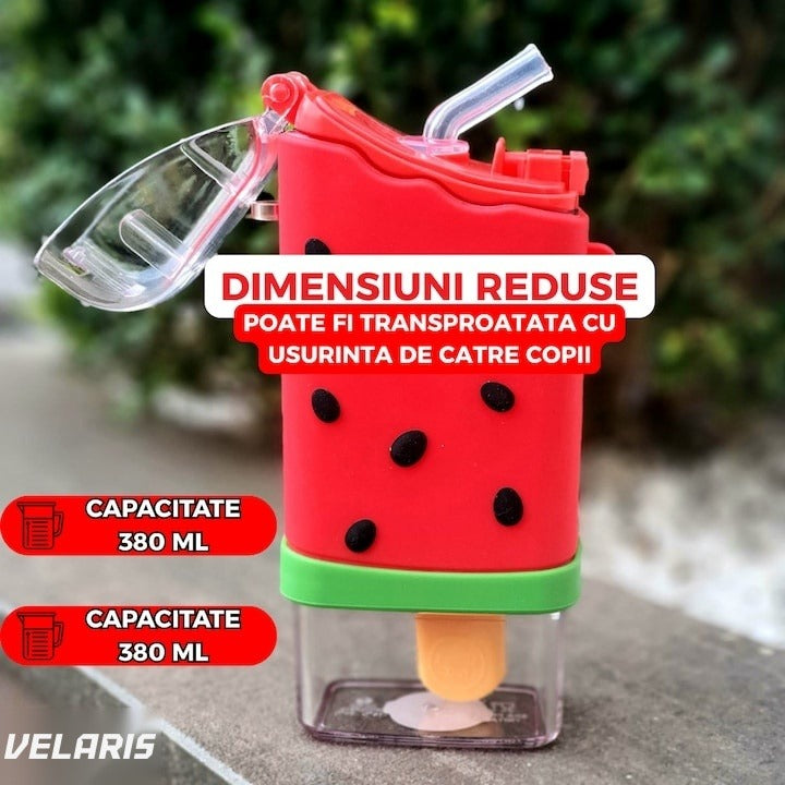 Sticlă de apă pentru copii, formă înghețată pepene, 300 ml, fără BPA, pai integrat, capac etanș, roșie