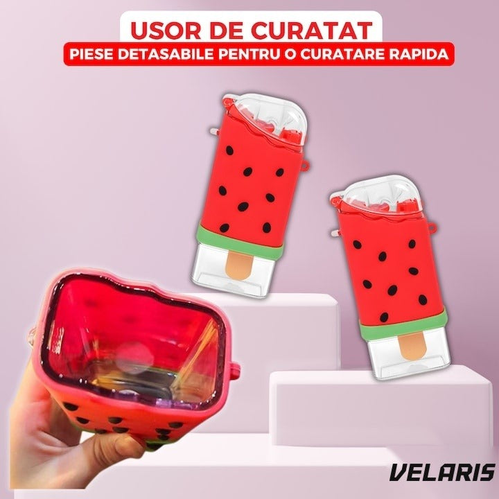Sticlă de apă pentru copii, formă înghețată pepene, 300 ml, fără BPA, pai integrat, capac etanș, roșie