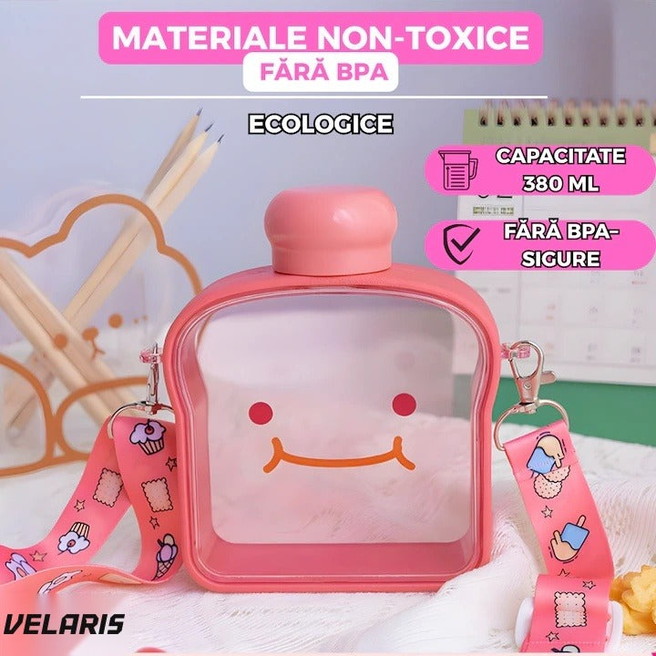 Sticlă de apă pentru copii, formă felie pâine, 380 ml, fără BPA, capac etanș, curea reglabilă, roz