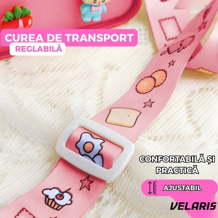 Sticlă de apă pentru copii, formă felie pâine, 380 ml, fără BPA, capac etanș, curea reglabilă, roz