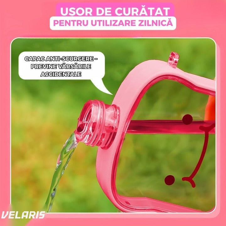 Sticlă de apă pentru copii, formă felie pâine, 380 ml, fără BPA, capac etanș, curea reglabilă, roz