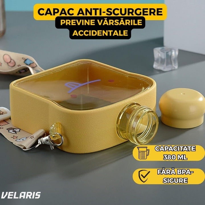 Sticlă de apă pentru copii, formă felie pâine, 380 ml, fără BPA, capac etanș, curea reglabilă, galbenă
