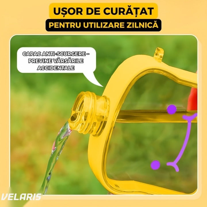 Sticlă de apă pentru copii, formă felie pâine, 380 ml, fără BPA, capac etanș, curea reglabilă, galbenă