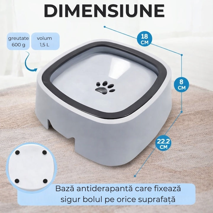 Bol anti-stropire pentru câini și pisici, 1,5 L, plastic, antiderapant, alb