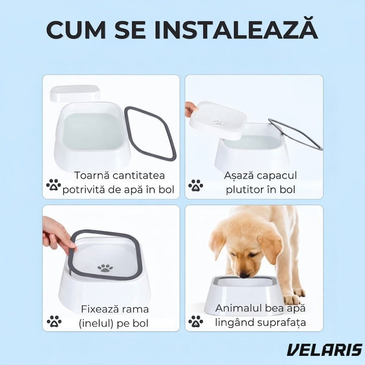 Bol anti-stropire pentru câini și pisici, 1,5 L, plastic, antiderapant, alb