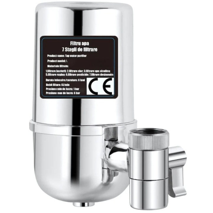 Filtru de apă pentru robinet, capacitate 50.000 L, 7 stadii de filtrare, cartuș reutilizabil, argintiu