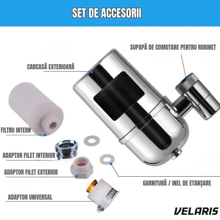 Filtru de apă pentru robinet, capacitate 50.000 L, 7 stadii de filtrare, cartuș reutilizabil, argintiu