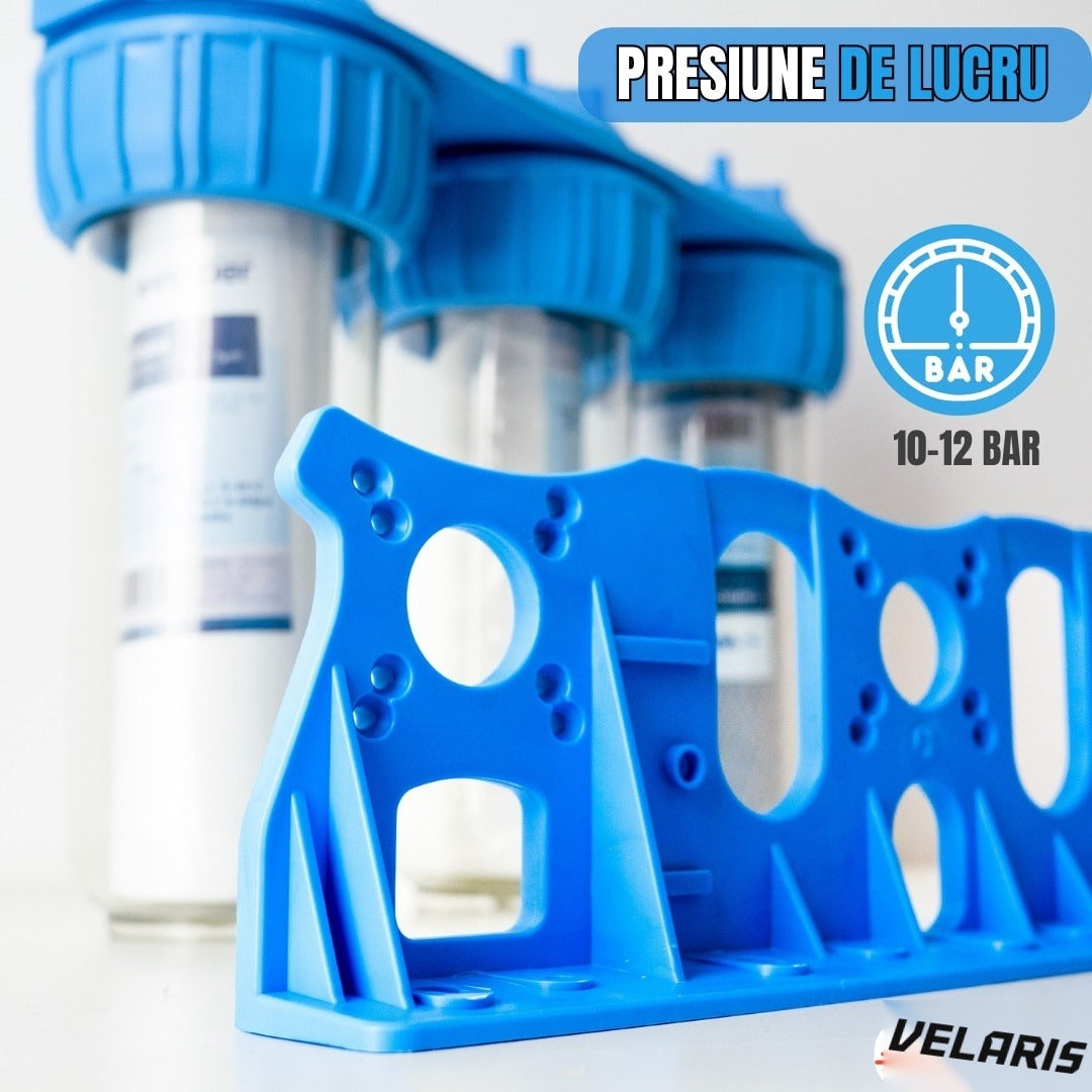 Sistem de filtrare apă triplu 3/4", 3 stadii cu carbon activ, bumbac și sită, 5 microni, 34,5 cm, alb/albastru