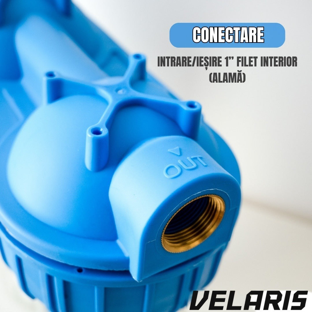 Sistem de filtrare apă triplu 3/4", 3 stadii cu carbon activ, bumbac și sită, 5 microni, 34,5 cm, alb/albastru