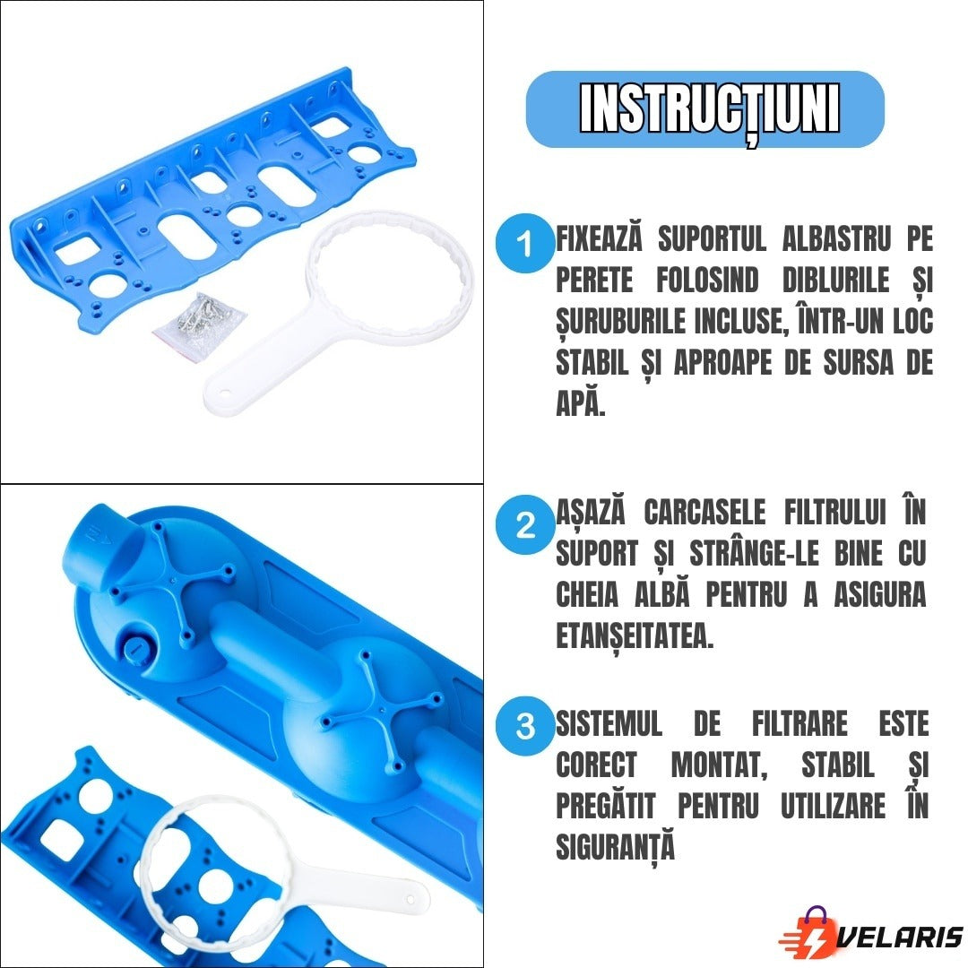 Sistem de filtrare apă triplu 3/4", 3 stadii cu carbon activ, bumbac și sită, 5 microni, 34,5 cm, alb/albastru