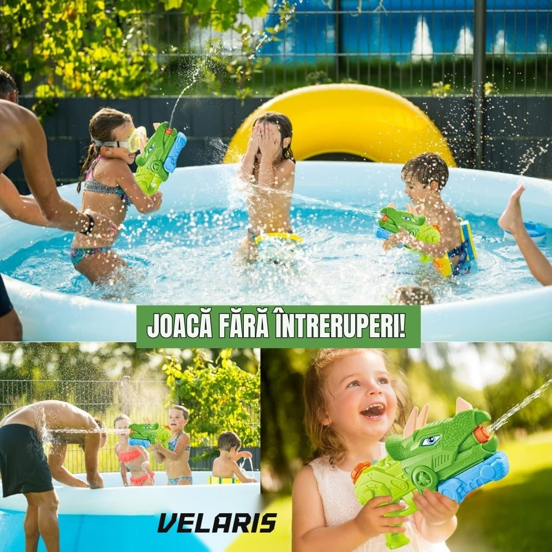Pistol Apă Dinozaur, 1330 ml, 35 cm, 3 Duze, Rază 8 m, PVC Rezistent, Verde Muschi