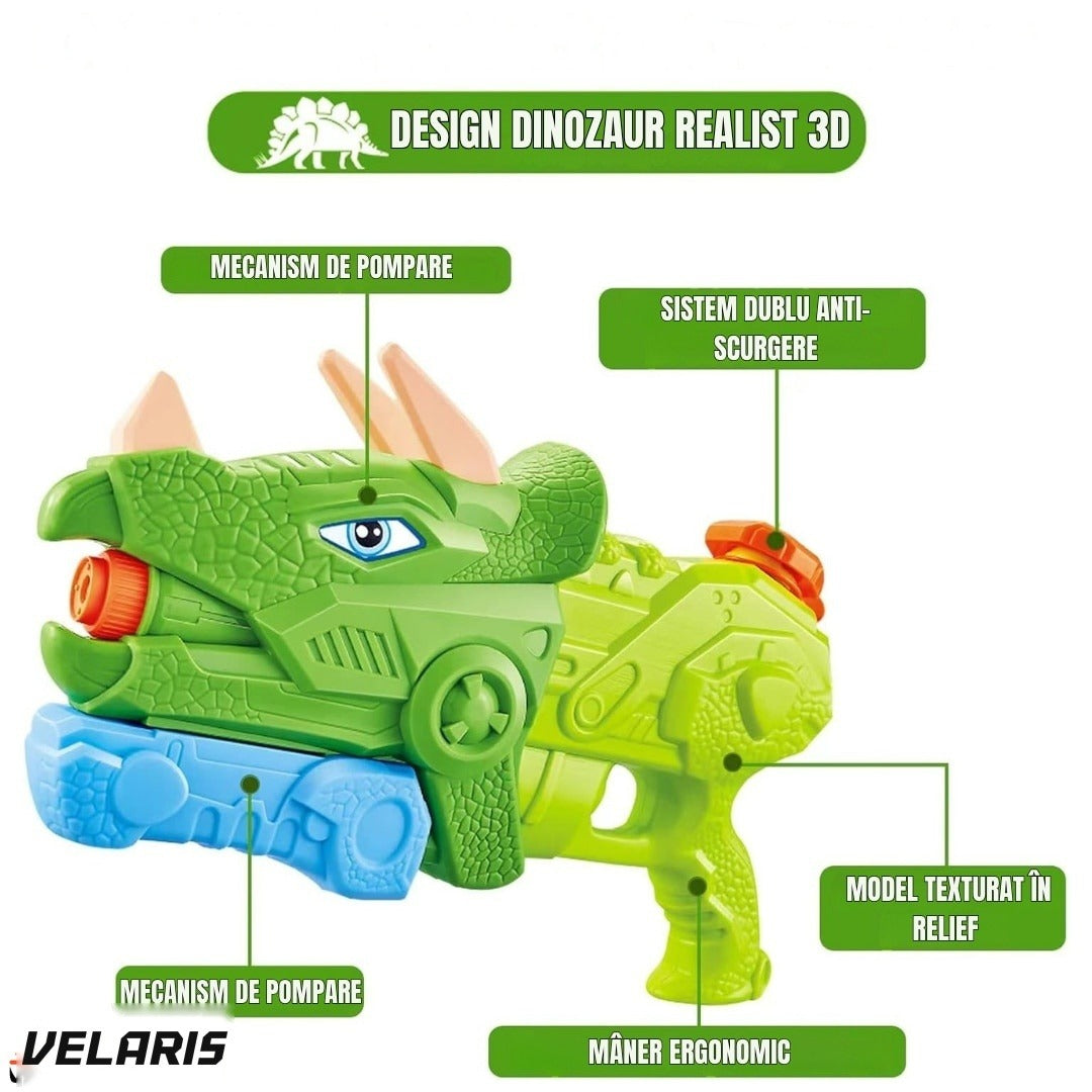 Pistol Apă Dinozaur, 1330 ml, 35 cm, 3 Duze, Rază 8 m, PVC Rezistent, Verde Muschi