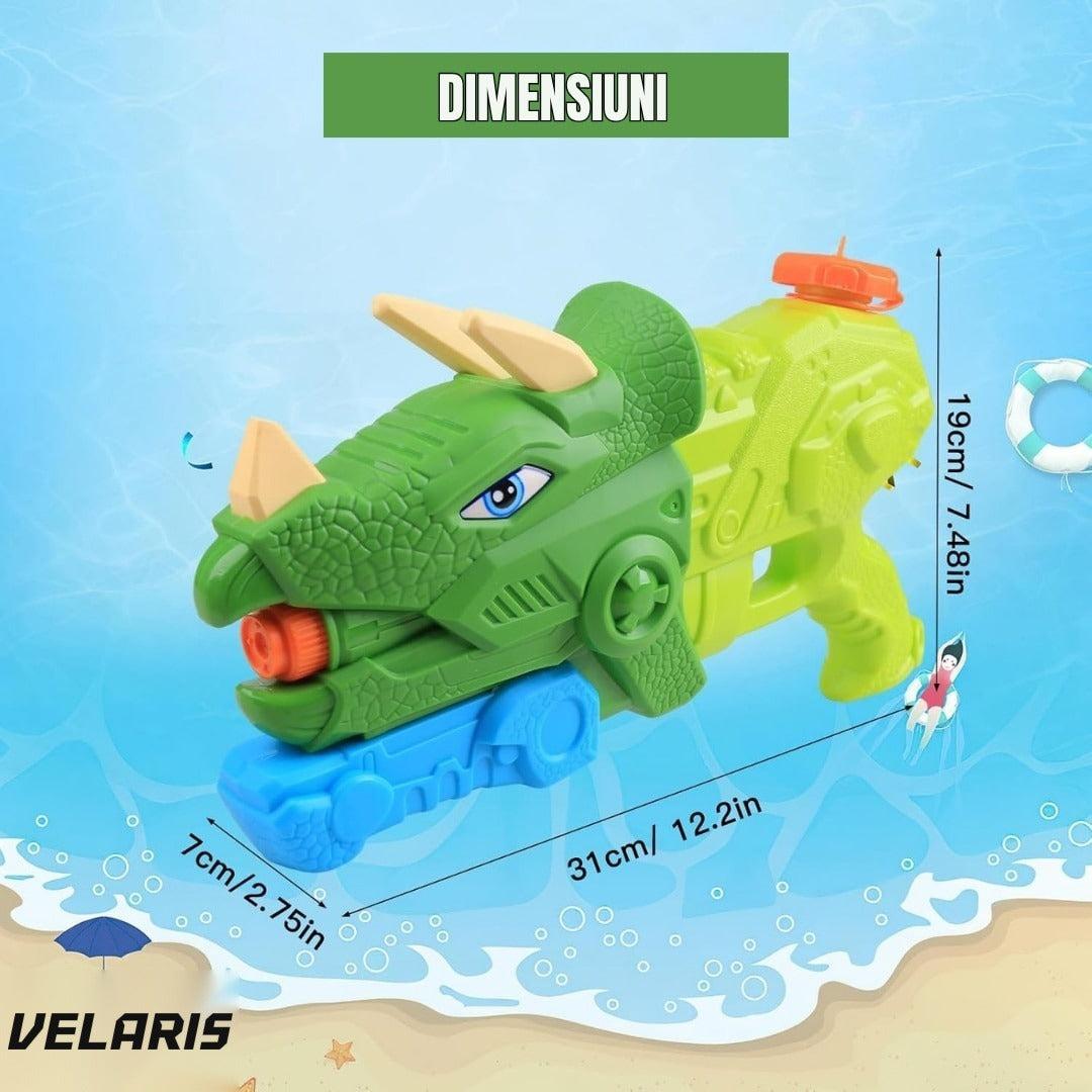 Pistol Apă Dinozaur, 1330 ml, 35 cm, 3 Duze, Rază 8 m, PVC Rezistent, Verde Muschi