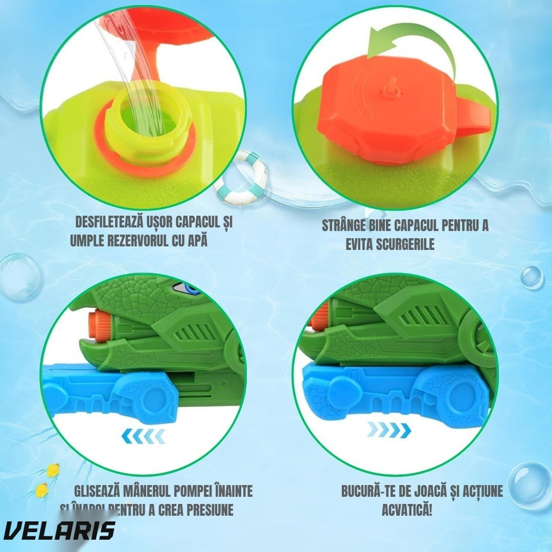 Pistol Apă Dinozaur, 1330 ml, 35 cm, 3 Duze, Rază 8 m, PVC Rezistent, Verde Muschi
