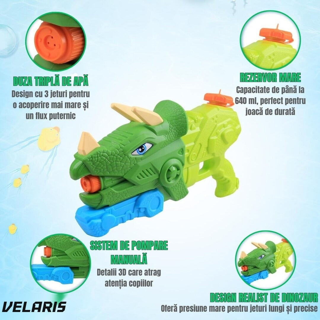 Pistol Apă Dinozaur, 1330 ml, 35 cm, 3 Duze, Rază 8 m, PVC Rezistent, Verde Muschi