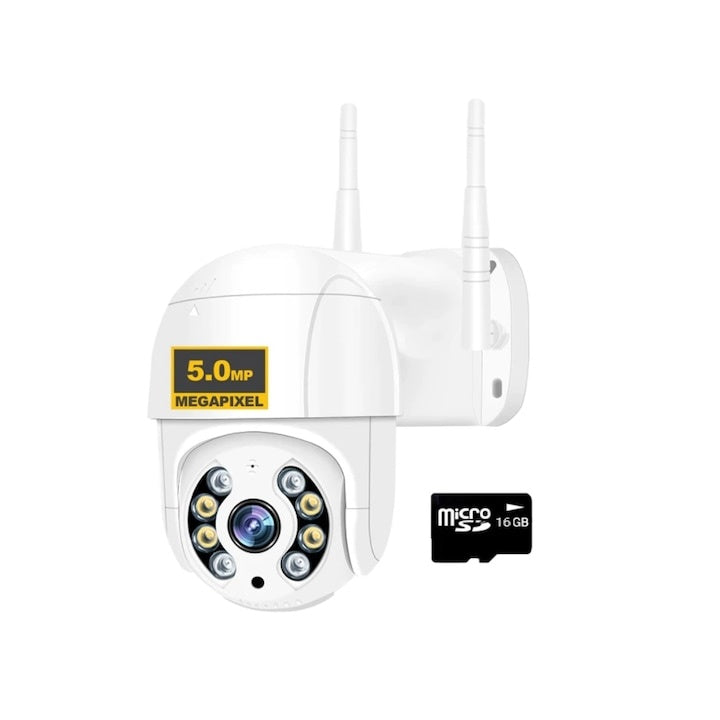 Camera supraveghere WiFi 50HS Pro+, 5MP 4K, PTZ zoom 4X, urmarire automata, viziune noapte, card 16GB