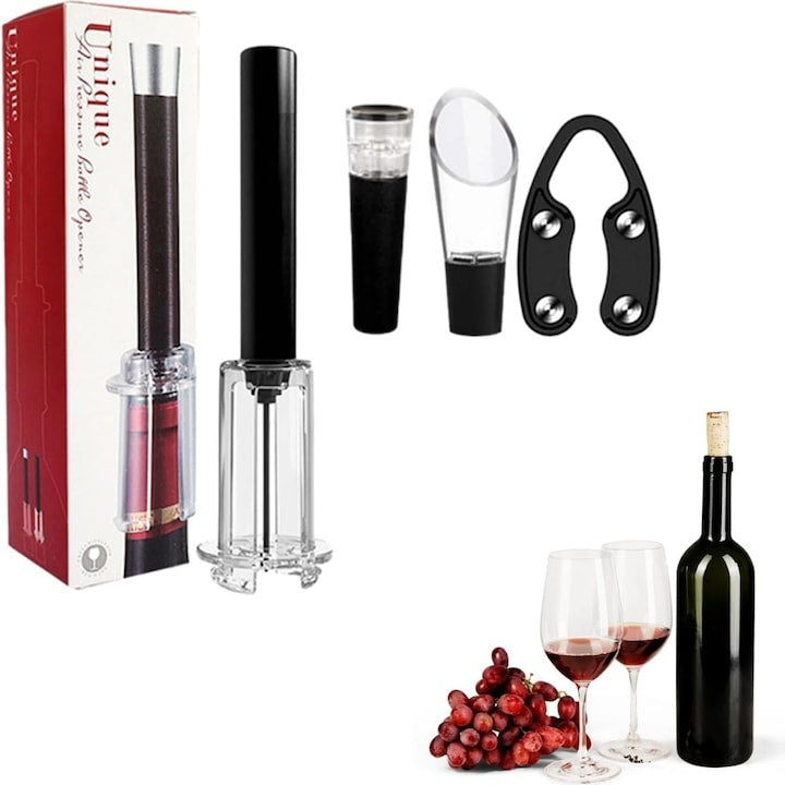 Set deschizător vin electric 4 în 1, tirbușon cu tăietor folie, dop vacuum și inel anti-picurare