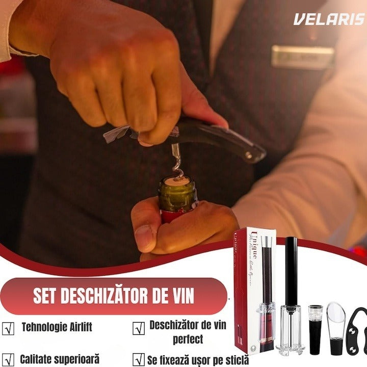 Set deschizător vin electric 4 în 1, tirbușon cu tăietor folie, dop vacuum și inel anti-picurare