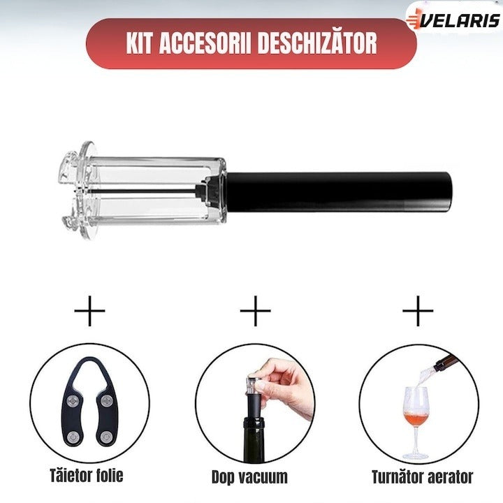 Set deschizător vin electric 4 în 1, tirbușon cu tăietor folie, dop vacuum și inel anti-picurare