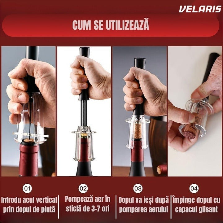 Set deschizător vin electric 4 în 1, tirbușon cu tăietor folie, dop vacuum și inel anti-picurare
