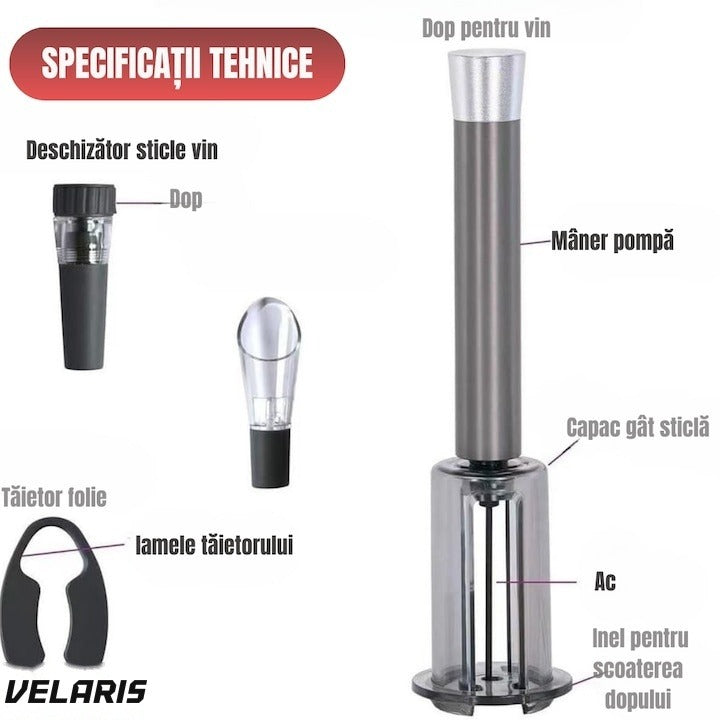 Set deschizător vin electric 4 în 1, tirbușon cu tăietor folie, dop vacuum și inel anti-picurare