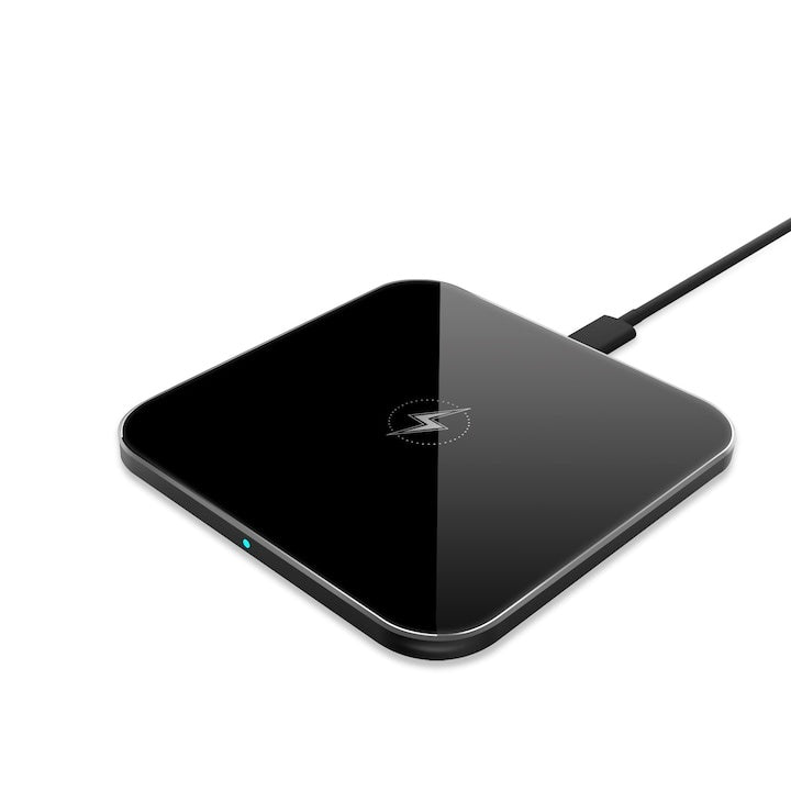 Încărcător wireless 15W, aluminiu și sticlă 2.5D, negru, 10cm