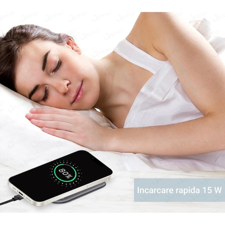 Încărcător wireless 15W, aluminiu și sticlă 2.5D, negru, 10cm