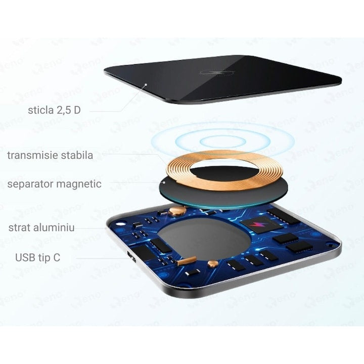 Încărcător wireless 15W, aluminiu și sticlă 2.5D, negru, 10cm