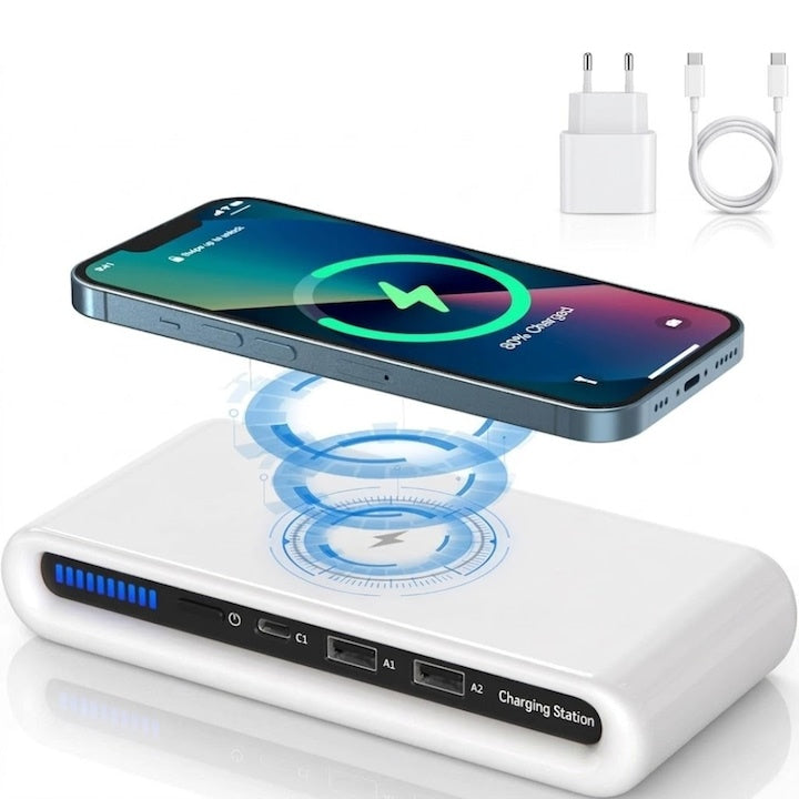 Încărcător wireless 4 în 1 cu USB-C și 2 porturi USB, alb