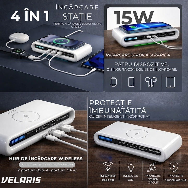Încărcător wireless 4 în 1 cu USB-C și 2 porturi USB, alb