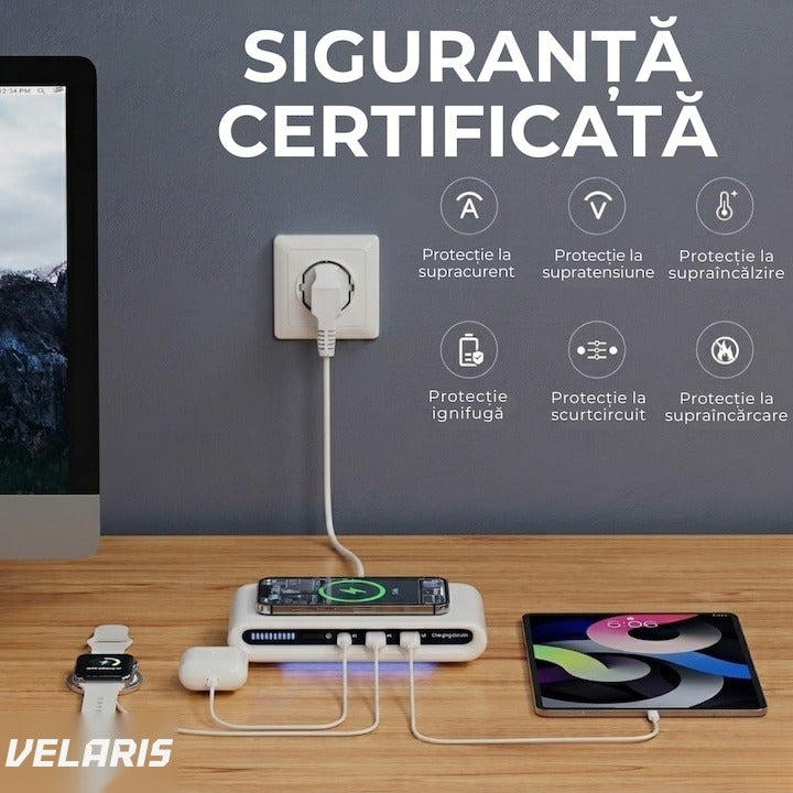 Încărcător wireless 4 în 1 cu USB-C și 2 porturi USB, alb