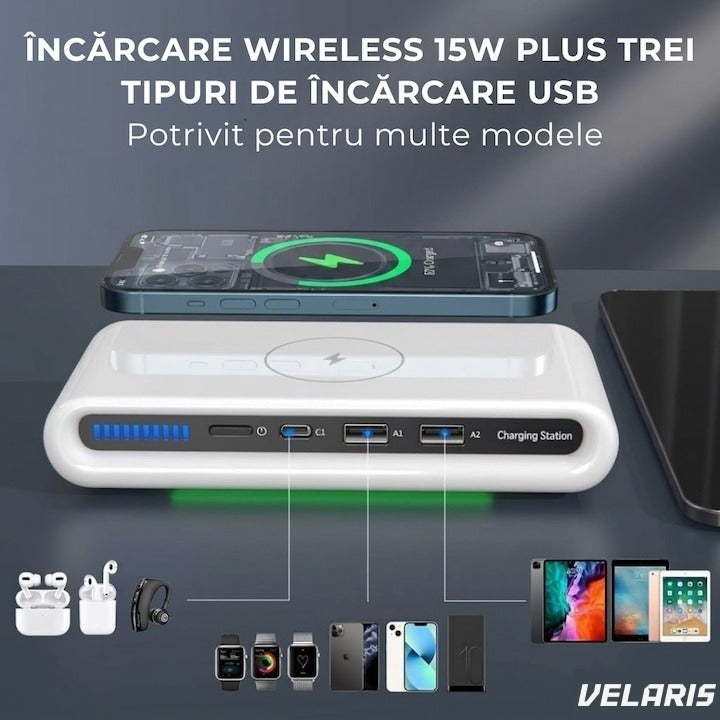 Încărcător wireless 4 în 1 cu USB-C și 2 porturi USB, alb