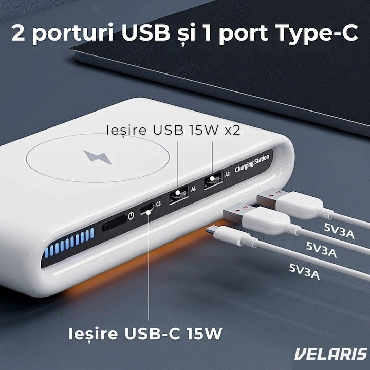 Încărcător wireless 4 în 1 cu USB-C și 2 porturi USB, alb