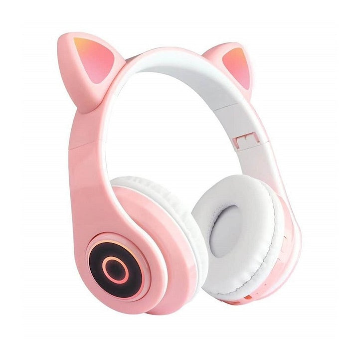 Căști wireless pliabile cu urechi de pisică, Bluetooth 5.0, HiFi, bass stereo, LED, roz