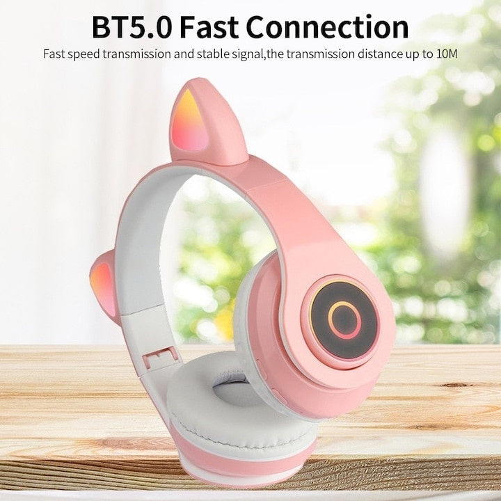 Căști wireless pliabile cu urechi de pisică, Bluetooth 5.0, HiFi, bass stereo, LED, roz