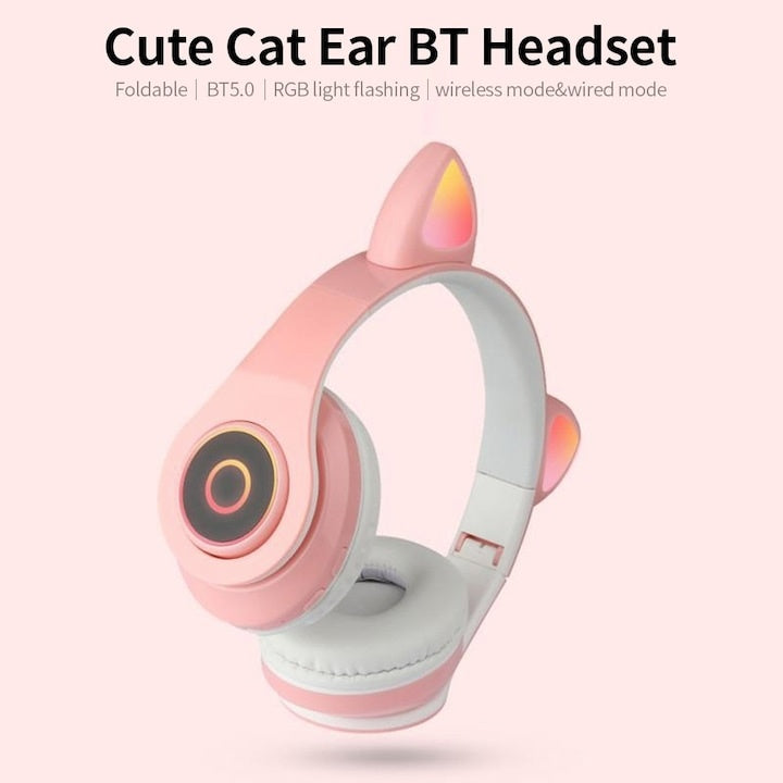 Căști wireless pliabile cu urechi de pisică, Bluetooth 5.0, HiFi, bass stereo, LED, roz