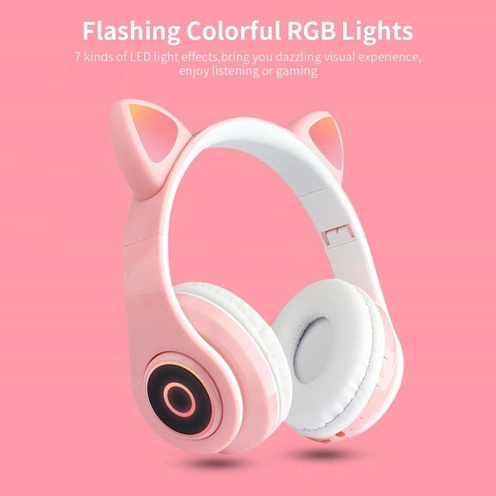 Căști wireless pliabile cu urechi de pisică, Bluetooth 5.0, HiFi, bass stereo, LED, roz