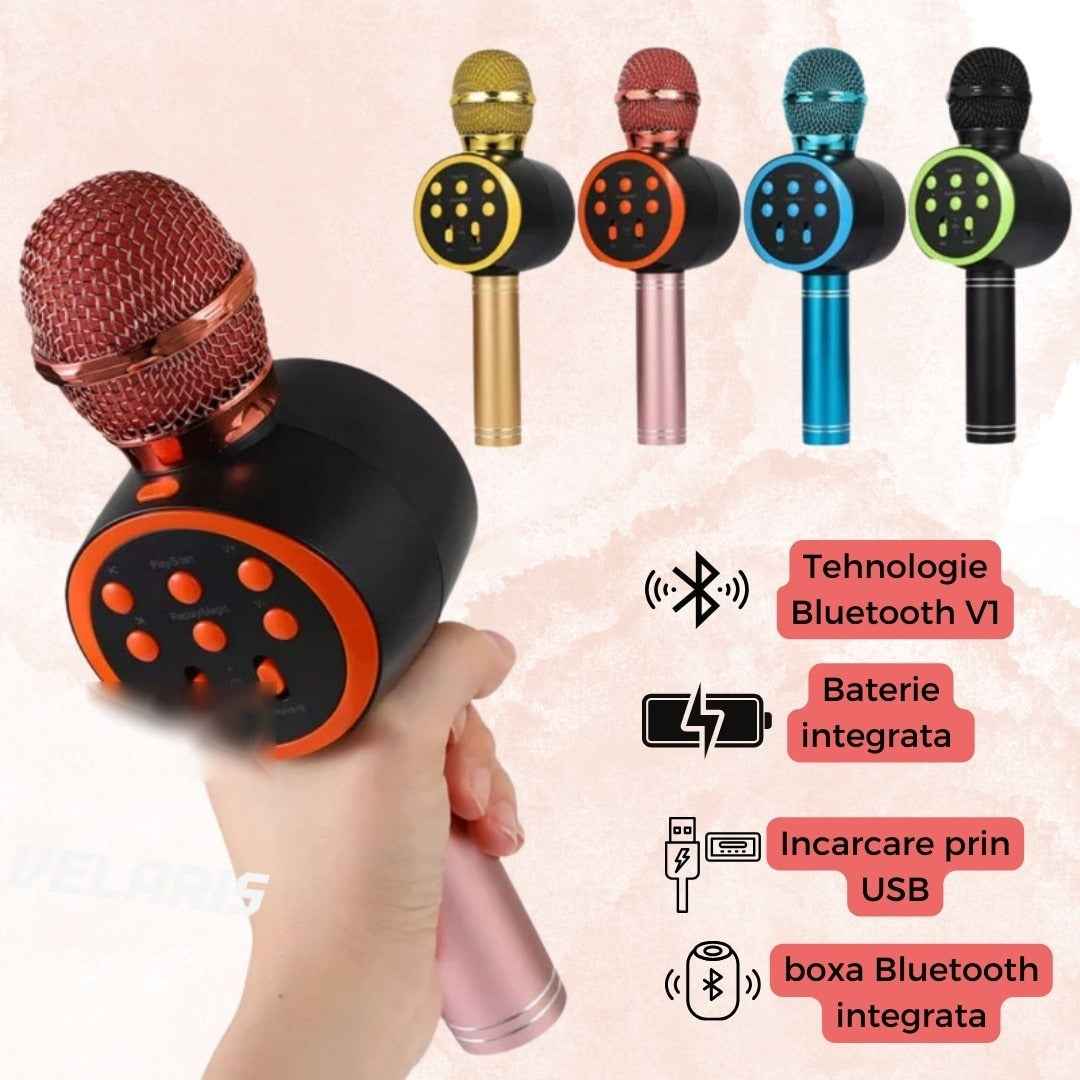 Microfon karaoke wireless cu boxă Bluetooth V11, portabil, baterie încorporată, Rose Gold