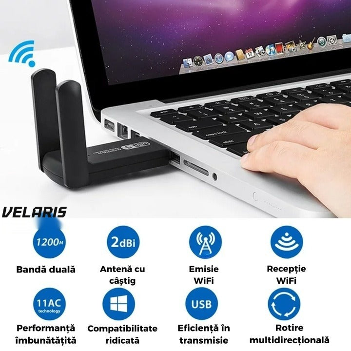 Adaptor wireless USB 3.0 dual band 2.4/5 GHz, 1200 Mbps, antene externe, Windows/Linux/Mac